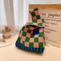 Pink and green checkerboard knit tote bag with blue flower pattern and soft texture - Royal Blue Flowers