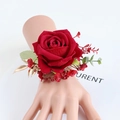Red artificial rose corsage wrist flower with golden leaves and white elastic band - Wrist Corsage / Dark Red