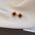 Retro square earrings with red enamel and small white pearls on golden metal base - Silver Earring Post-Gold-Red