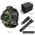 Camo tactical dual display watch with green woven strap, rubber band, and gift box set - 827-19 + Packaging + PU Strap
