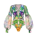 Costume intero rosa floreale con scollo a V profondo e maniche a lanterna in organza - S / Swimwear