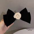 Elegant black velvet bow hair clip with white camellia flower detail, 16cm spring clip - 13# Velvet Bow Spring Clip - Black Camellia