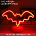 Red bat neon LED sign with circular base for desk decor, USB and battery operated - Bat Red Light