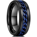 Detailed close-up of a black brushed steel ring featuring a blue rotatable chain inlay - Black Ring Blue Chain