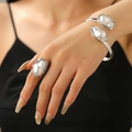 Silver textured cuff bracelet and ring set with baroque white pearls worn by model - Silver Baroque Pearl 2-Piece Set (Ring+Bracelet)