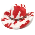 Detail of red and white cow print cowboy hat with turquoise stone and metal studs - M (56-58cm) / Creased Flat Top / Red