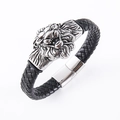 Pulsera trenzada de cuero negro para hombre con adorno de cabeza de león plateado - Color Acero