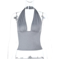 Detailed view of grey shimmer fabric on women's halter deep V-neck crop top vest - S / Gray