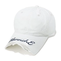 Detail of white distressed baseball cap with blue script embroidery on the brim - M (56-58cm) / White