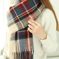 Fashionable cashmere-feel plaid scarf with red and green checkered patterns and fringe - New Beige Multicolor Plaid