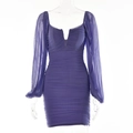 Purple mesh mini dress with deep V-neck, long sheer puff sleeves, and ruched body details - S / Purple