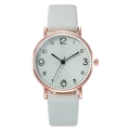 Close-up of rose gold watch case with silver dial and white leather strap details - Lake Blue