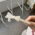 Elegant white acetate floral bow hair clip with a hanging pearl pendant for women - Transparent Bow Duckbill Clip / White Mermaid Bow