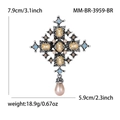 Broche croix baroque argentée avec ambre, accents bleus et perle suspendue - Argent Antique-Marron (MM-BR-3959-BR)