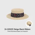Chapeau de paille beige à toit plat avec ruban floral noir et nœud pour l'été - Réglable (54-58cm) / Beige avec ruban noir
