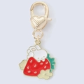 Cute white bunny on red strawberry enamel keychain with golden heart-shaped clasp - Red Strawberry Cat