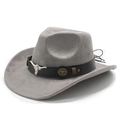 Detailed view of grey suede cowboy hat with metallic bull head ornaments and leather band - M (56-58cm) / Gray