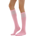 Knee-high vibrant pink sports socks with three white stripes for a classic varsity look - One Size / Pink with White Stripes