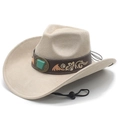 Detail of beige cowboy hat featuring turquoise stone and golden feather embroidery - M (56-58cm) / Beige