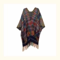 Bohemian knit poncho featuring vibrant colorful wavy patterns and long fringe tassels - Navy Blue Wave Pattern