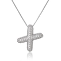 Detailed view of silver cross pendant with white zircon stones and matching box chain - Letter X