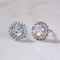 Elegant silver halo flower stud earrings with brilliant zircon stones on marble - Halo Design