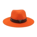 Chapeau de soleil orange avec bande en cuir, boucle tête de taureau et broderie florale - Orange