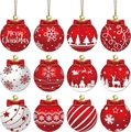 Set di 12 ornamenti natalizi in legno da appendere con motivi festivi rossi e bianchi - Set di 12