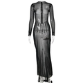 Elegantes schwarzes Maxikleid aus Mesh mit langen Ärmeln, Streifen und Reißverschluss - M / Schwarz
