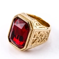 Vintage golden stainless steel men's ring featuring a large rectangular red gemstone - Gold Red / Size 10