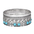 Breites Vintage Silberarmband mit türkisen Steinen und geometrischen Mustern - 6er-Set (Retro-Böhmisch) / Silber/Blau