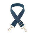 Close-up of gray-blue adjustable woven bag strap with Greek key pattern and gold hooks - Aqua