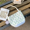 Detailed macro view of canvas bucket bag with blue floral print on wooden bench - 25*36cm / Blue Small Flowers