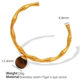 Golden stainless steel bamboo cuff bracelet featuring a 12.4mm tiger eye gemstone bead - SZ92 Adjustable Gold Bracelet with Tiger Eye