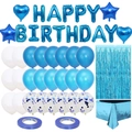 Blue rose gold party set with Happy Birthday balloons, tinsel curtains and tablecloth - Blue