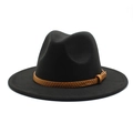 Close-up of black wool felt fedora featuring a brown leather band and metallic buckle - M (56-58cm) / Black