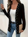 Elegant black long-sleeved cardigan with white pearl trim and pleated texture detail - S / Black