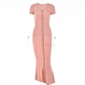 Elegant pink V-neck knitted dress featuring short sleeves and button-down front detail - S / Pink