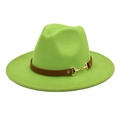 Detail of green wool fedora hat with brown leather band and gold horsebit buckle - Fruit Green / M (56-58cm)