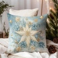 Detail of light blue Christmas cushion cover with gold star embroidery on a sofa - TQDS68-39(Golden Star Snowflake)