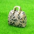 Miniature handbag pendant made of natural dalmatian stone with a golden metal handle - Dalmatian Jasper