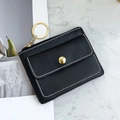 Compact black PU leather coin purse with gold snap button and white stitching detail - Black
