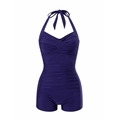 Navy blue halter-neck one-piece swimsuit with ruched tummy control and boyshort cut - S / Navy Blue