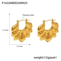 Detail view of gold hollow fan-shaped earrings in titanium steel with measurements - F1632-Gold Earrings