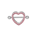 Silver double-layered heart nipple shield with sparkling pink rhinestones and bar - Light Pink