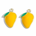 DIY yellow mango fruit alloy pendants with golden edges and green leaves for jewelry making - Mango