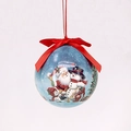 8cm foam Christmas ball featuring Santa and snowman illustrations with a red ribbon - Blue Santa and Snowman