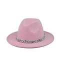 Detail of pink wool fedora hat featuring a unique grey marble pattern chain decoration - Pink