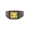 Men's wide gold gemstone ring with matte black stainless steel band on white background - Electric Black Yellow Stone