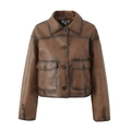 Giacca vintage in pelle marrone invecchiata con rever e ampie tasche anteriori - S / Marrone Scuro